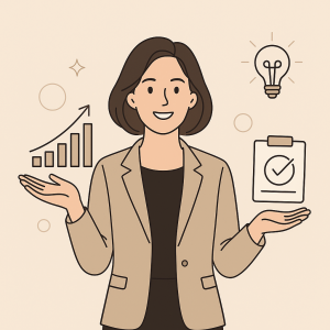 coach en finances personnelles souriante portant un blazer beige, présentant des icônes de croissance, d’idées et d’organisation dans un style vectoriel moderne et épuré aux tons neutres.