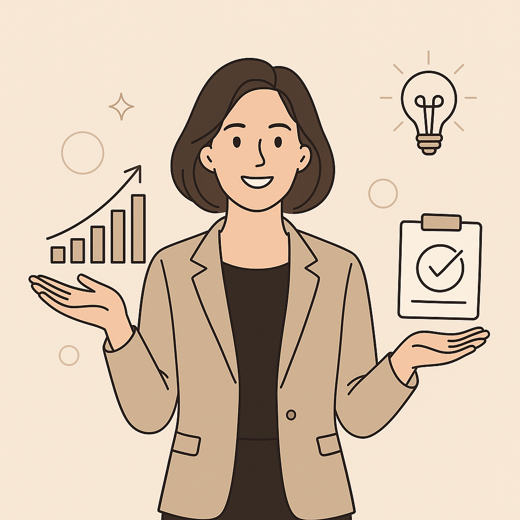 coach en finances personnelles souriante portant un blazer beige, présentant des icônes de croissance, d’idées et d’organisation dans un style vectoriel moderne et épuré aux tons neutres.