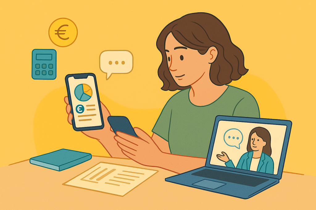 emme utilisant une application d’intelligence artificielle pour suivre ses dépenses, tout en étant accompagnée par un coach en finances personnelles