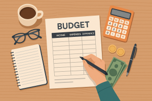 planification d’un budget personnel, avec une main écrivant sur une feuille “budget”, des billets, une calculatrice et un carnet sur une table en bois.