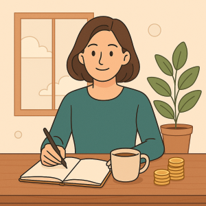 femme souriante planifiant son épargne à une table, carnet ouvert, tasse de café et pièces dorées à côté, ambiance douce et naturelle.
