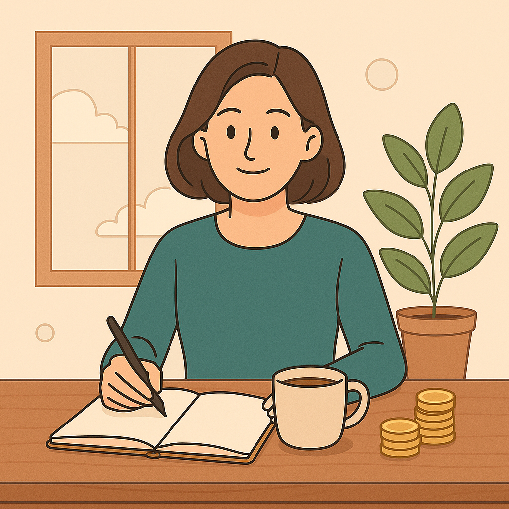 femme souriante planifiant son épargne à une table, carnet ouvert, tasse de café et pièces dorées à côté, ambiance douce et naturelle.