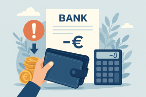 portefeuille vide, d’une calculatrice et d’un relevé bancaire indiquant un solde négatif, symbolisant la gestion du découvert bancaire et la nécessité de reprendre le contrôle de son budget.