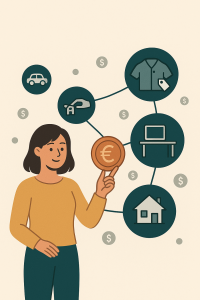 Illustration moderne et lumineuse d’une femme symbolisant la création de revenus complémentaires grâce à des activités variées comme la vente d’objets, le covoiturage ou le travail en freelance