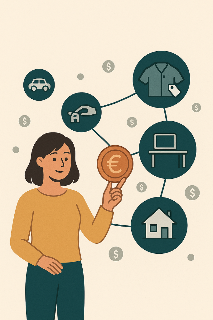 Illustration moderne et lumineuse d’une femme symbolisant la création de revenus complémentaires grâce à des activités variées comme la vente d’objets, le covoiturage ou le travail en freelance